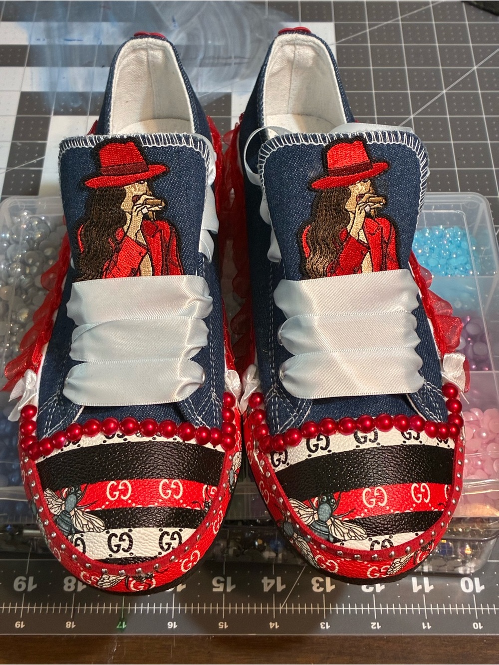 Embroidered Denim tie up Sneakers with Red Accents